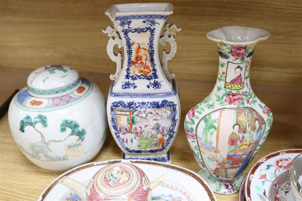 A group of mixed 18th and 19th century Chinese famille rose ceramics, some damage throughout